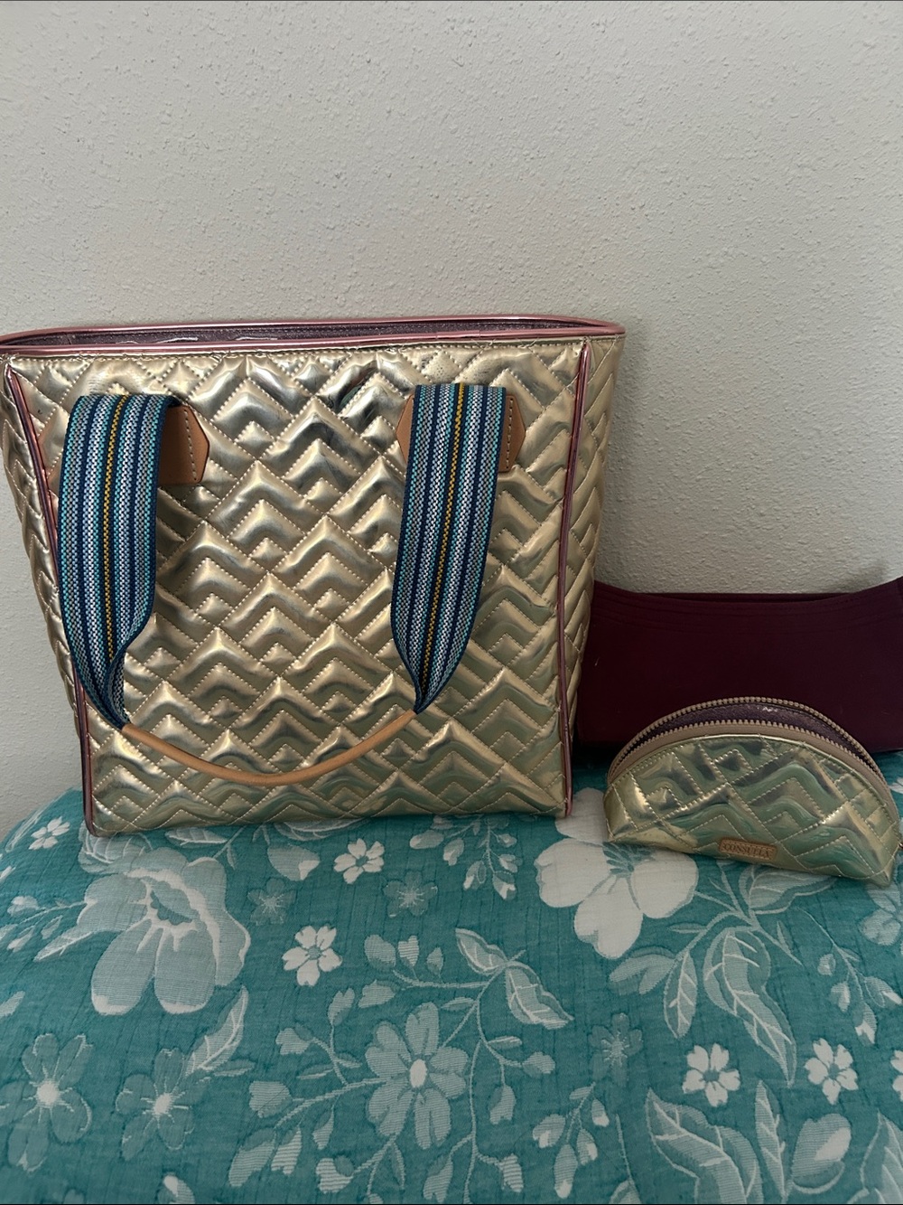 Metallic Gold Quilted Tote Bag with Striped Handles